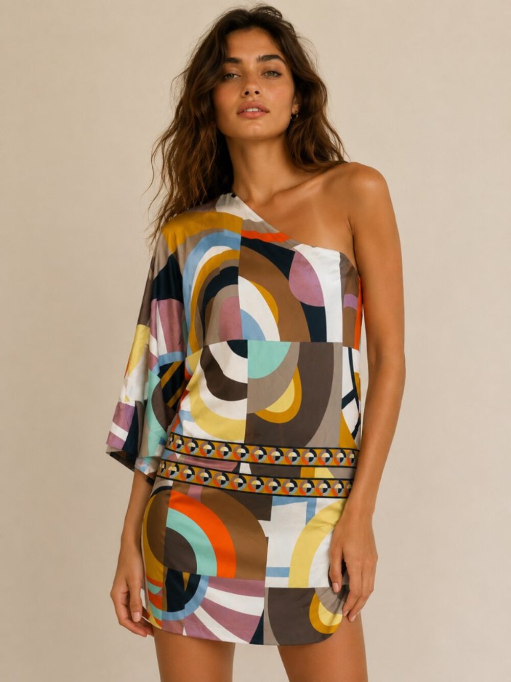 BCBGMAXAZRIA Multicolor Geometric Print One-Shoulder Mini Dress cover up XS